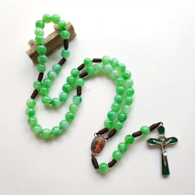 Green 59-Bead Cross Rosary Pendant Necklace – Unisex Rosary Pendant Necklace Babs