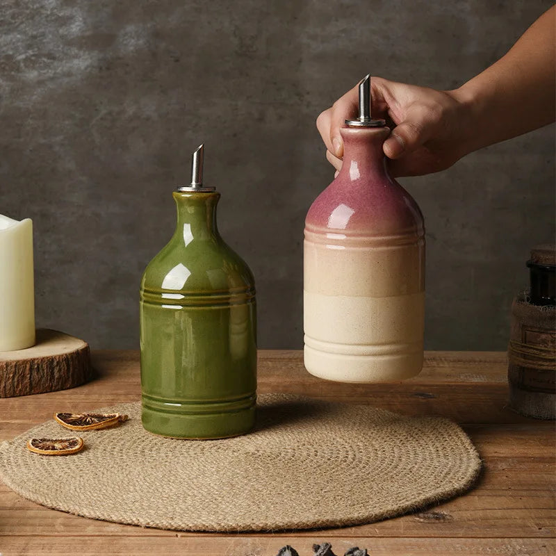 Retro Ceramic Olive Oil Bottle with Stainless Steel Spout Ceramic Oil Dispenser Babs
