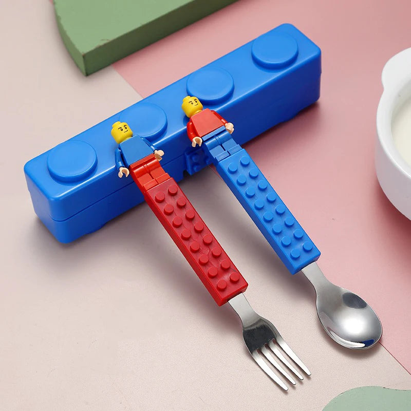 Kids' Stainless Steel Fork & Spoon Set – Building Block Design Kids Cutlery Set Babs Blue