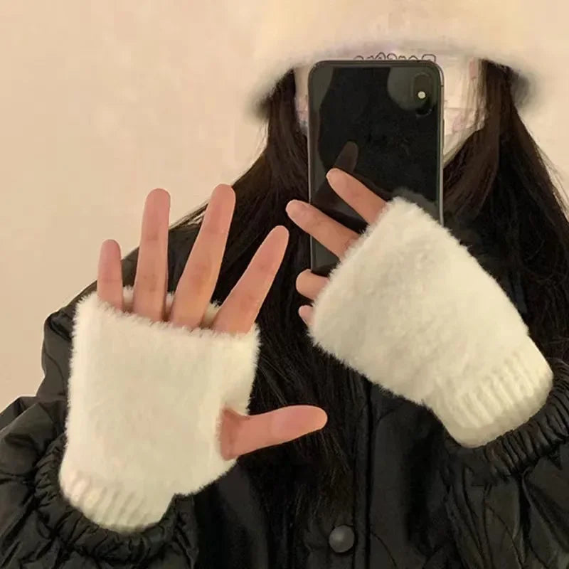 Women's Plush Half-Finger Gloves – Warm Cute Fingerless Winter Fingerless Winter Gloves Babs
