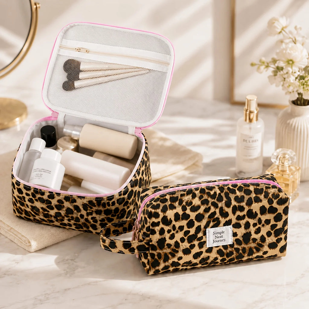 Leopard Print Quilted Cosmetic Bag – Large Travel Toiletry Pouch Travel Cosmetic Bag Babs