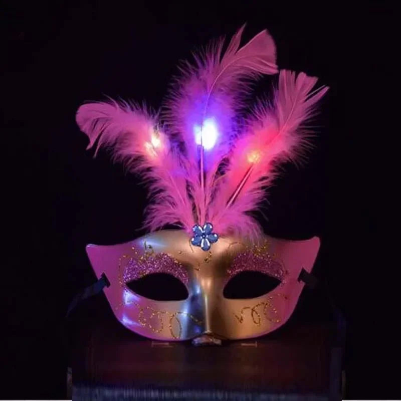 LED Flashing Feather Venice Mask – Masquerade Party Cosplay Feather Ball Mask Babs mix colors