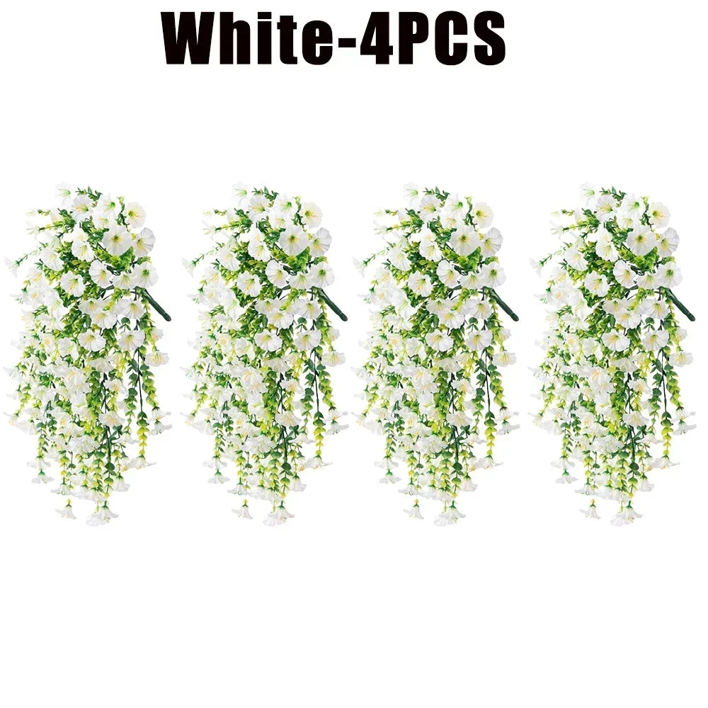 Artificial Morning Glory & Eucalyptus Hanging Floral Decor Artificial Hanging Decor Babs White-4PCS Plastic