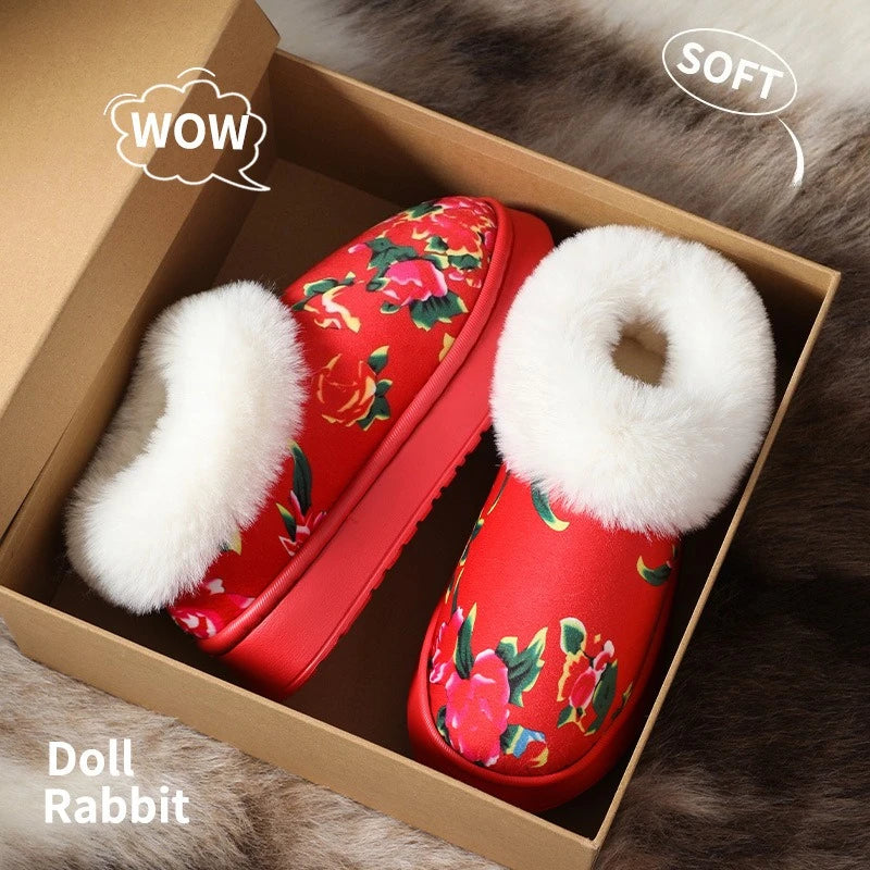 Chinese Floral Fleece-Lined Slippers – Warm Non-Slip Winter Fleece-Lined Slippers Babs