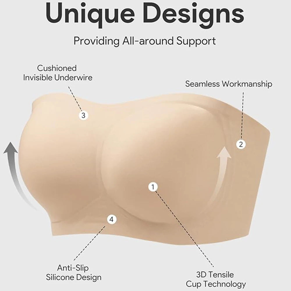 Strapless Seamless Bra – No-Slip Wireless Padded Bandeau Strapless Bralette Babs