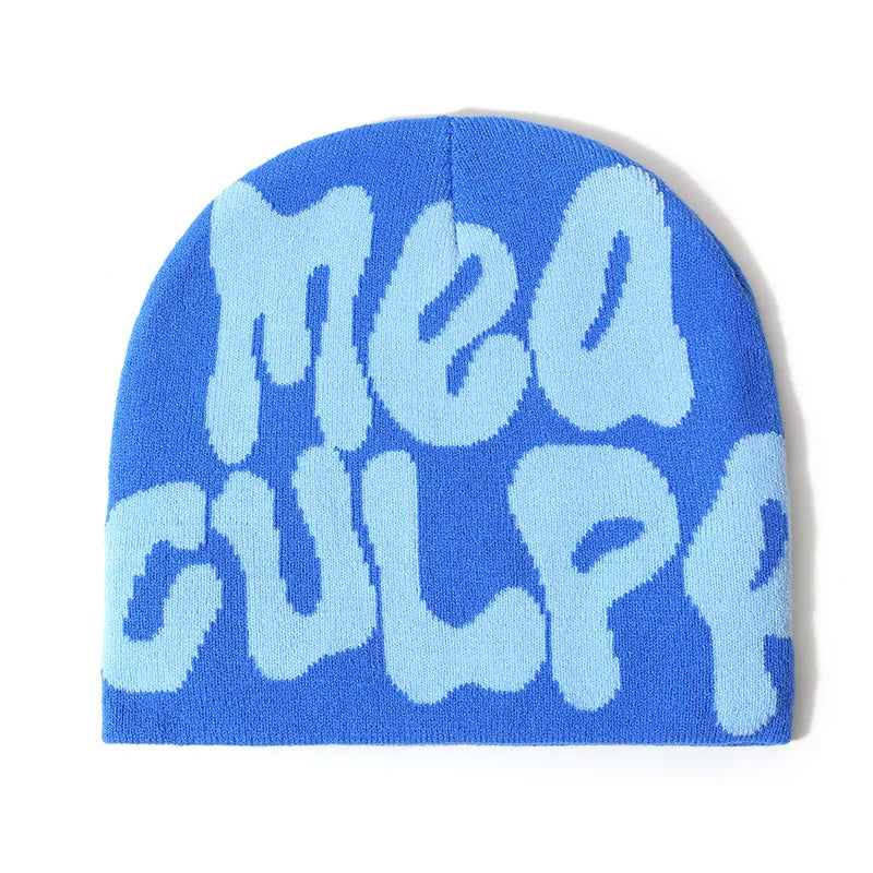 Unisex Y2K 'Mea Culpa' Knitted Beanie Hat – 17 Colors Knitted Beanie Hat Babs Blue