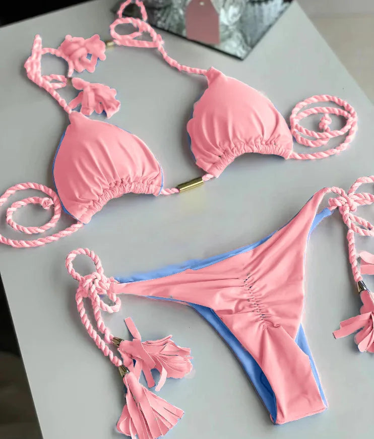 Women's Backless Lace-Up Triangle Bikini Set – Multicolor Bikini Swimsuit Set Babs Z M