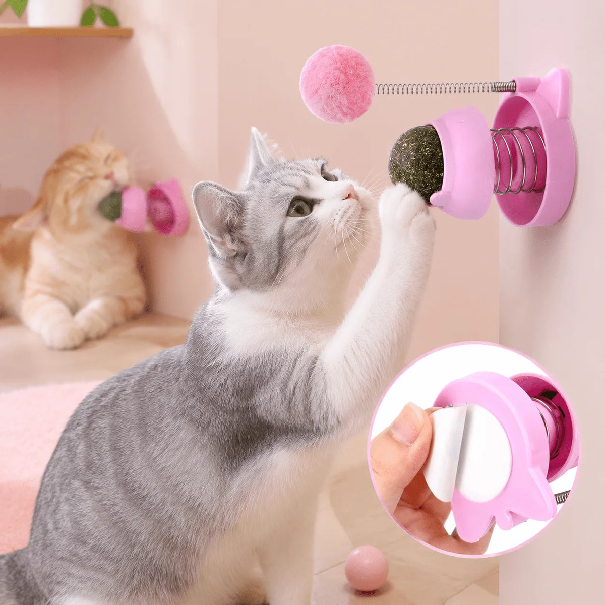 2pcs Spring Cat Toy with Catnip Ball & Fluffy Pom-Pom Interactive Cat Toy Babs