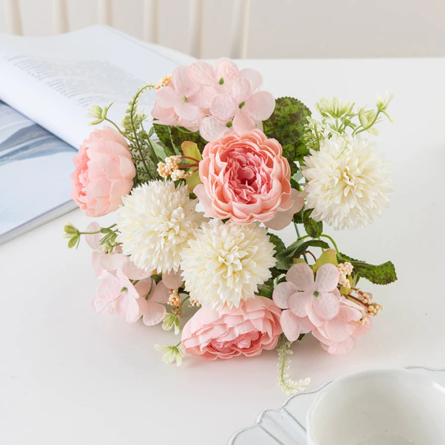 Silk Peony Hydrangea Artificial Flower Bouquet | Wedding & Home Décor Artificial Flower Bouquet Babs Pink 3 pcs