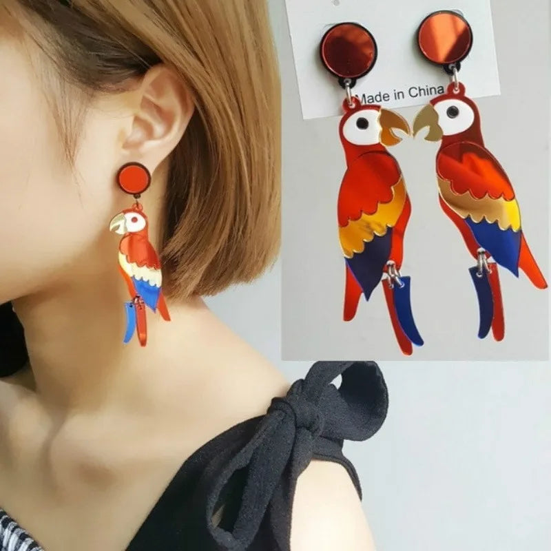 Colorful Parrot Acrylic Drop Earrings – Bird Statement Jewelry Drop Earrings Babs