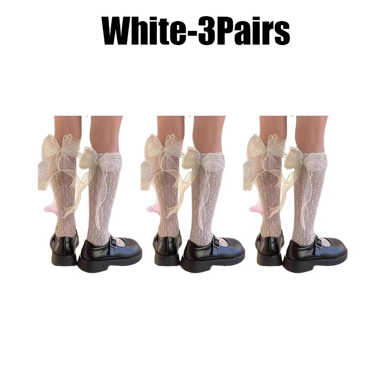 Girls Lace Bowknot Knee High Stockings – Princess Socks Girls Knee High Socks Babs White 3Paris 3XS