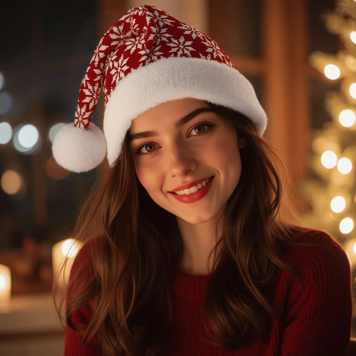 Ladies' Knitted Reindeer Christmas Hat – Cozy Winter Beanie Knitted Winter Hat Babs 24.5x45.5cm Red snowflakes