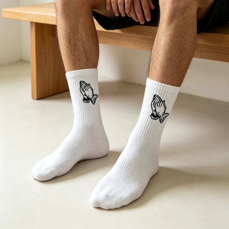 Hip Hop Praying Hands Crew Socks – Unisex Cotton Novelty Novelty Crew Socks Babs