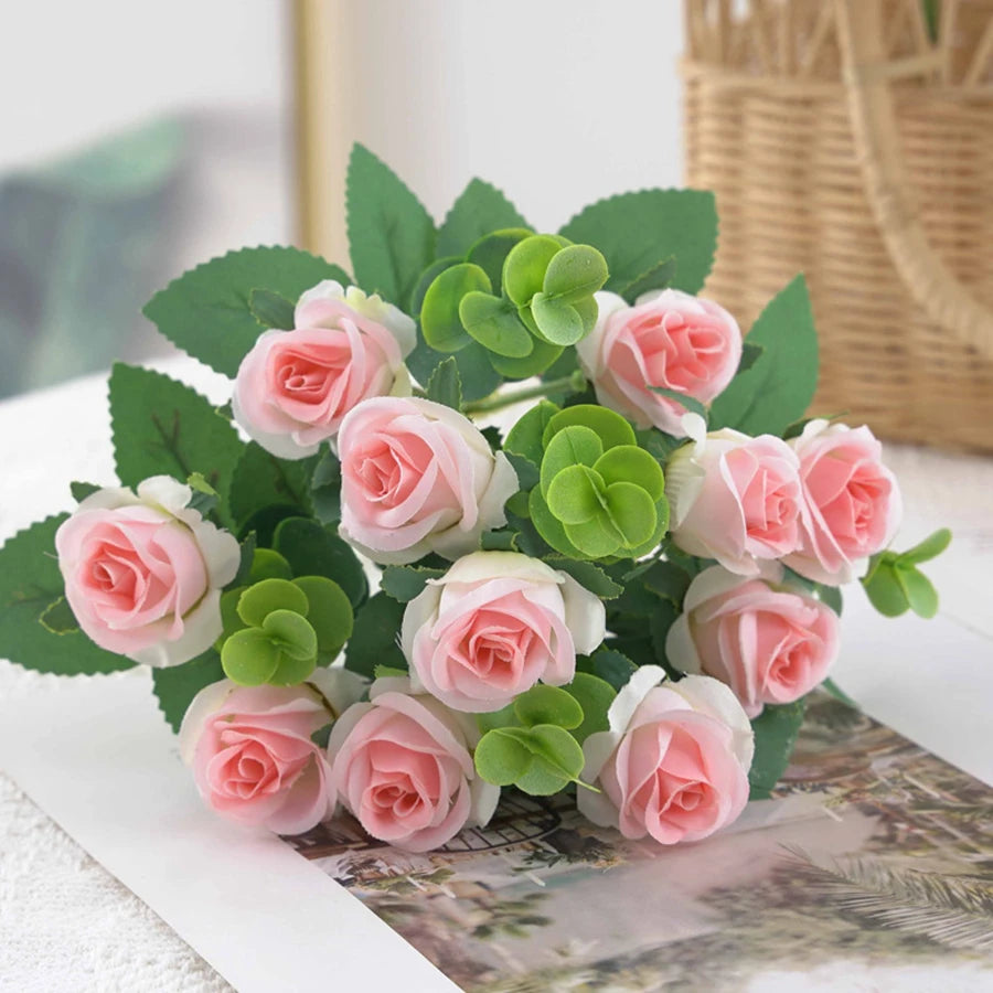 Silk Rose & Eucalyptus Artificial Flower Bouquet | Home Decor Artificial Flower Bouquet Babs Pink 1pc