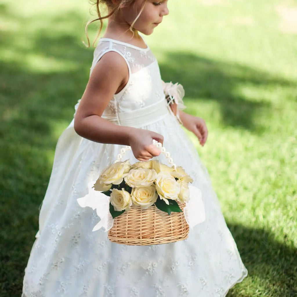 Wicker Rattan Flower Girl Basket | Pearl Handle & Bow Wicker Gift Basket Babs