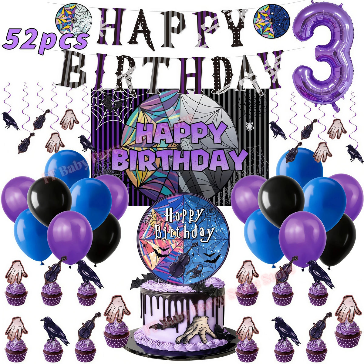 Addams Dark Academia Birthday Party Kit – Balloons, Plates & Backdrop Party Decoration Kit Babs 52pcs Numer3 others