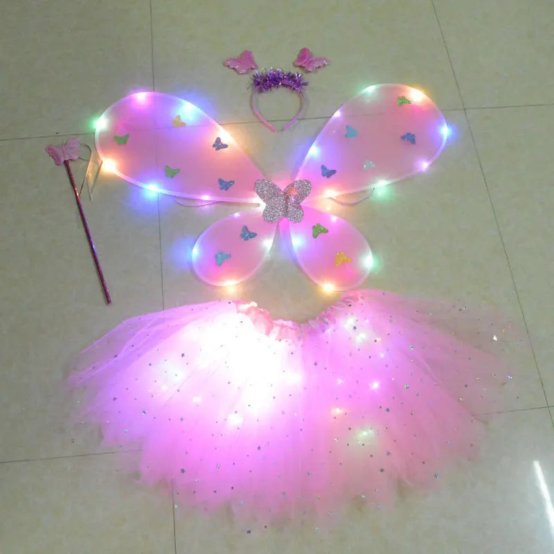 Girls Fairy Angel Glowing Butterfly Wings & Wand Costume Set Kids Costume Set Babs Pink