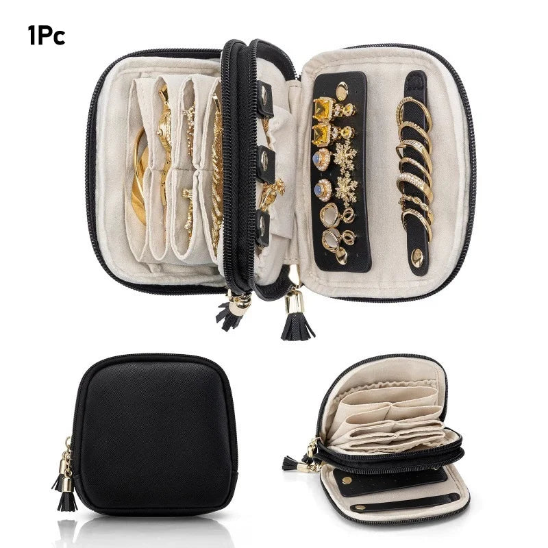 Double Layer Travel Jewelry Box – Faux Leather & Velvet Travel Jewelry Box Babs Black 1Pc