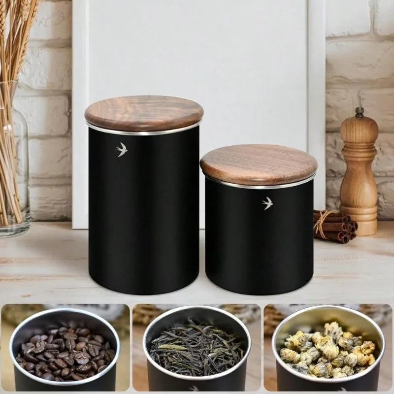 Airtight Stainless Steel Canister with Walnut Wood Lid | Tea & Coffee Food Storage Canister Babs