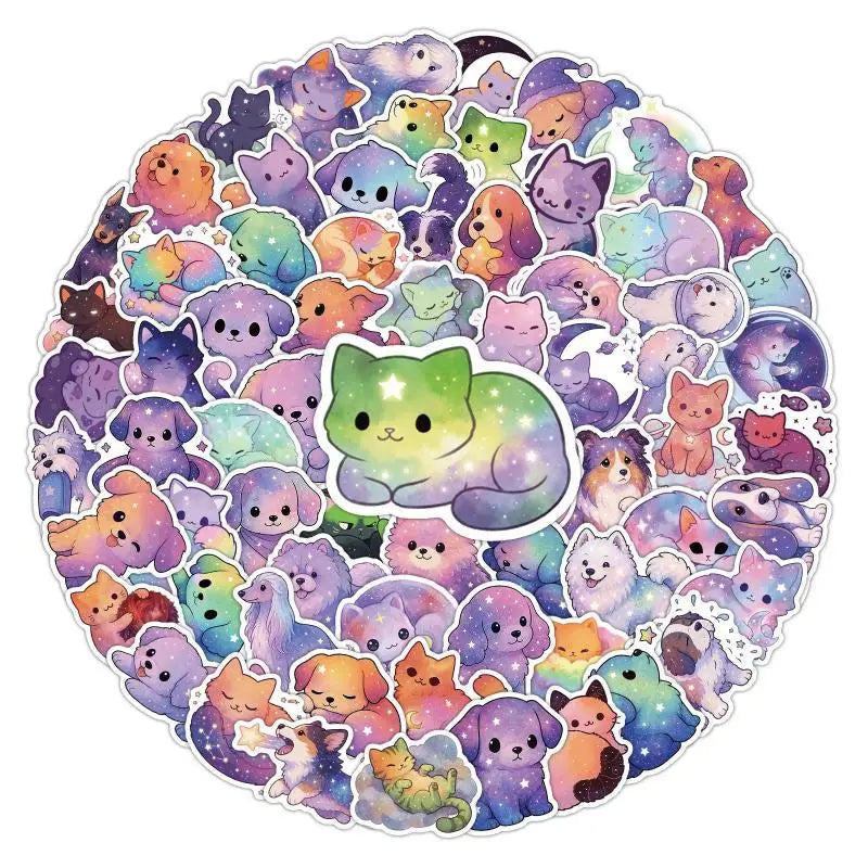 50/100-Pack Waterproof Cat & Dog Starry Night Doodle Stickers Decorative Stickers Babs