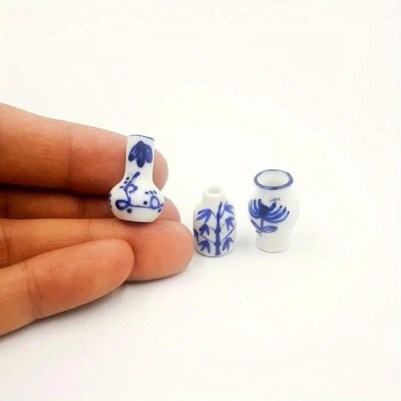 Mini Blue & White Porcelain Vase Set – Dollhouse Décor 3pc Dollhouse Ceramic Ornament Babs