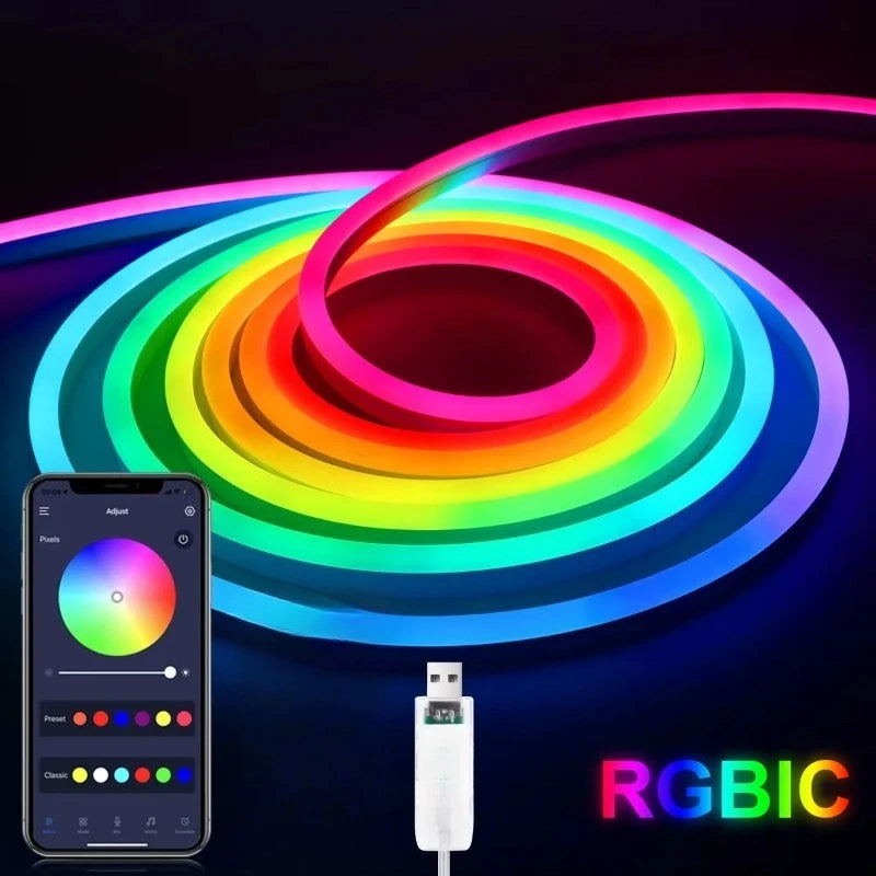 RGBIC Neon LED Strip Light Bluetooth App Control USB – RTONTR LED Strip Light Babs RGBIC 1m