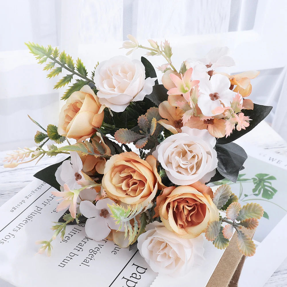 Silk Rose & Hydrangea Artificial Bouquet | Wedding & Home Décor Artificial Flower Bouquet Babs Orange Yellow 3PC