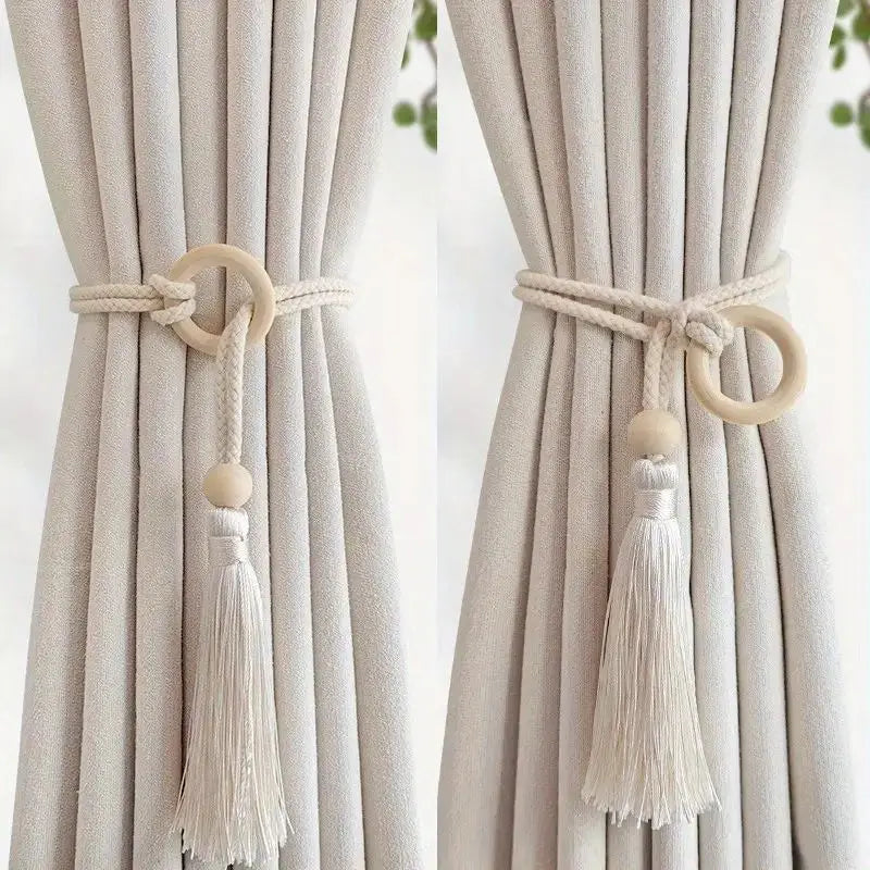 Bohemian Curtain Tie Backs – Hand Woven Cotton Cord Set of 2 Curtain Tie Backs Babs Beige white --2pcs 55-90cm