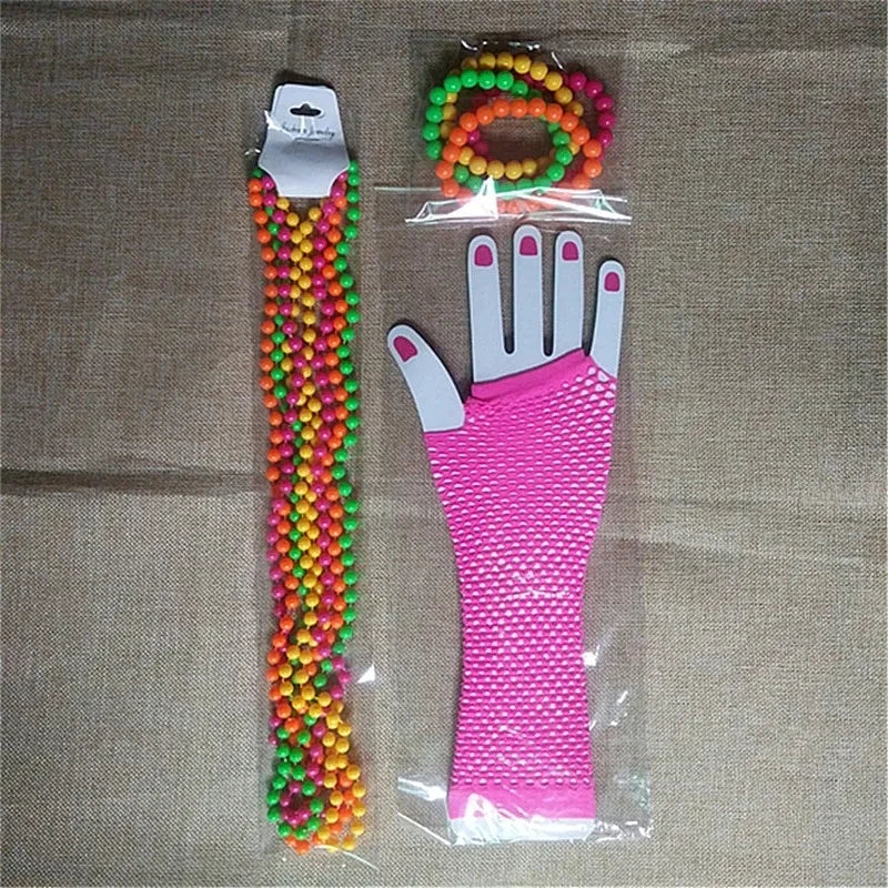 Neon Bead Necklace Bracelet & Fishnet Gloves – 80s Party Set Costume Accessory Set Babs 2