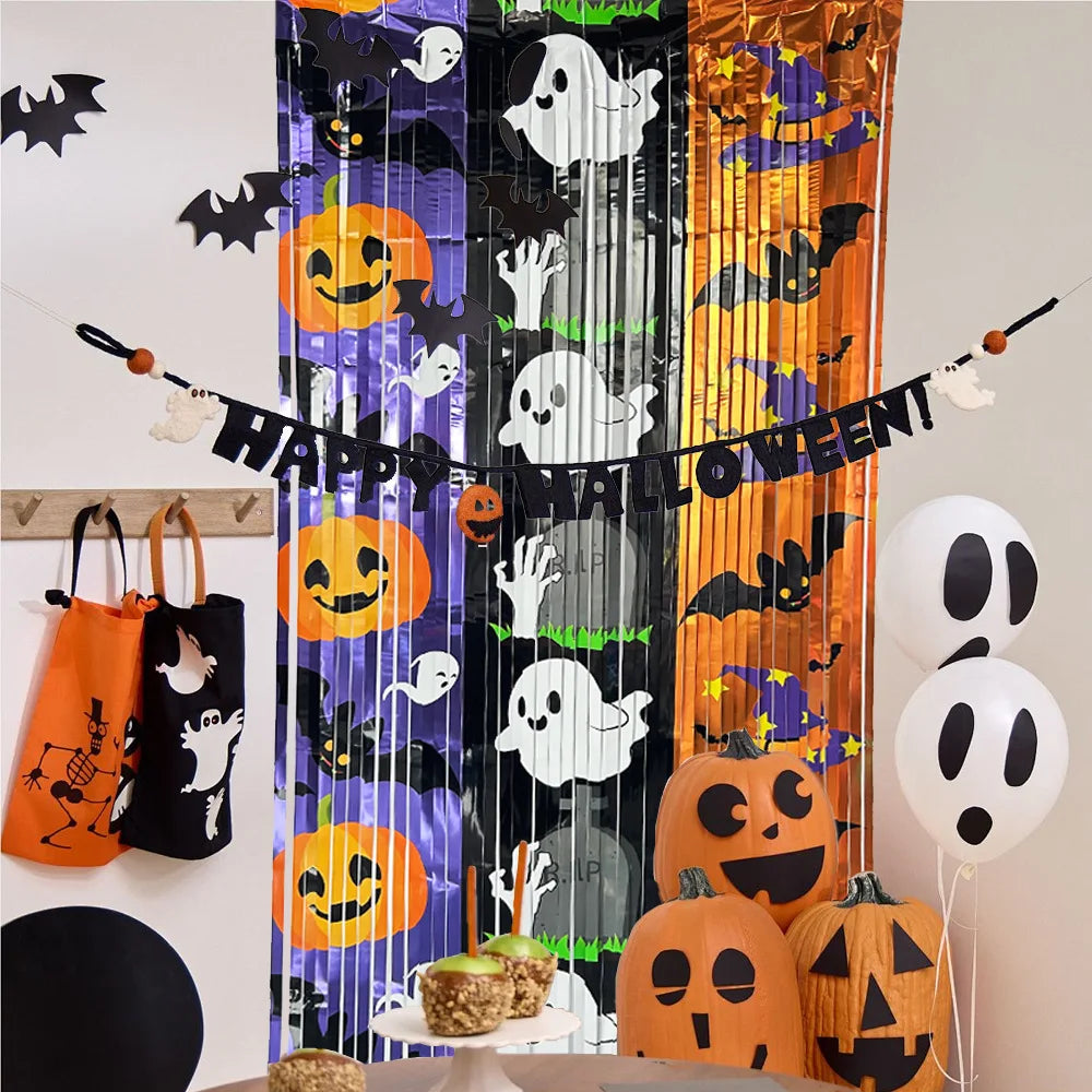 Halloween Foil Fringe Curtain – Bat Ghost Pumpkin Party Backdrop Halloween Party Decoration Babs