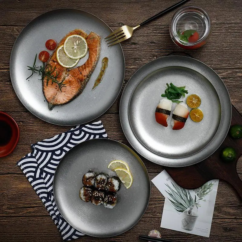24CM 304 Stainless Steel Round Flat Plate – Sushi Tableware Stainless Steel Plate Babs