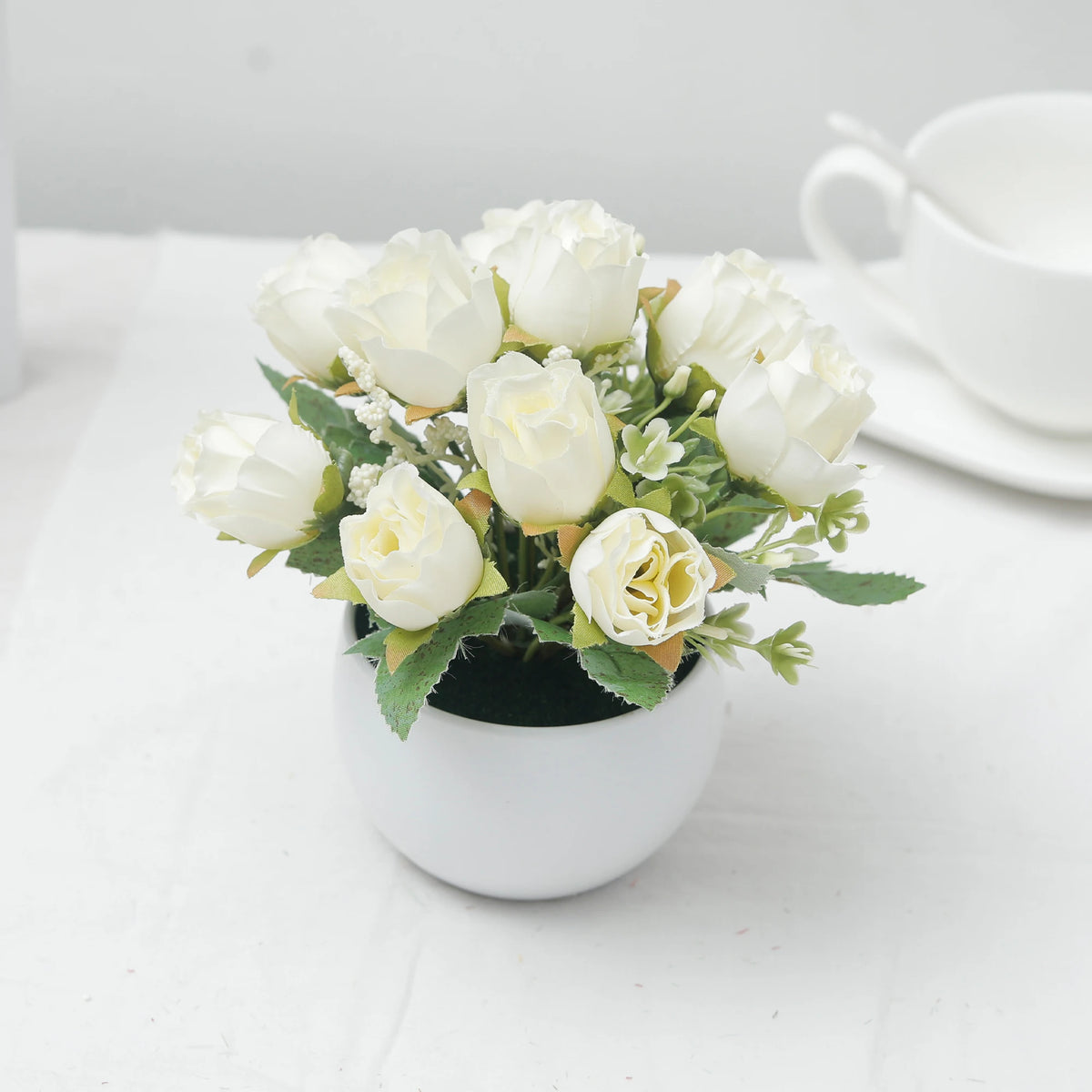 Rose Bonsai Artificial Silk Flowers Potted Plant – Home & Wedding Decor Artificial Flower Decor Babs White