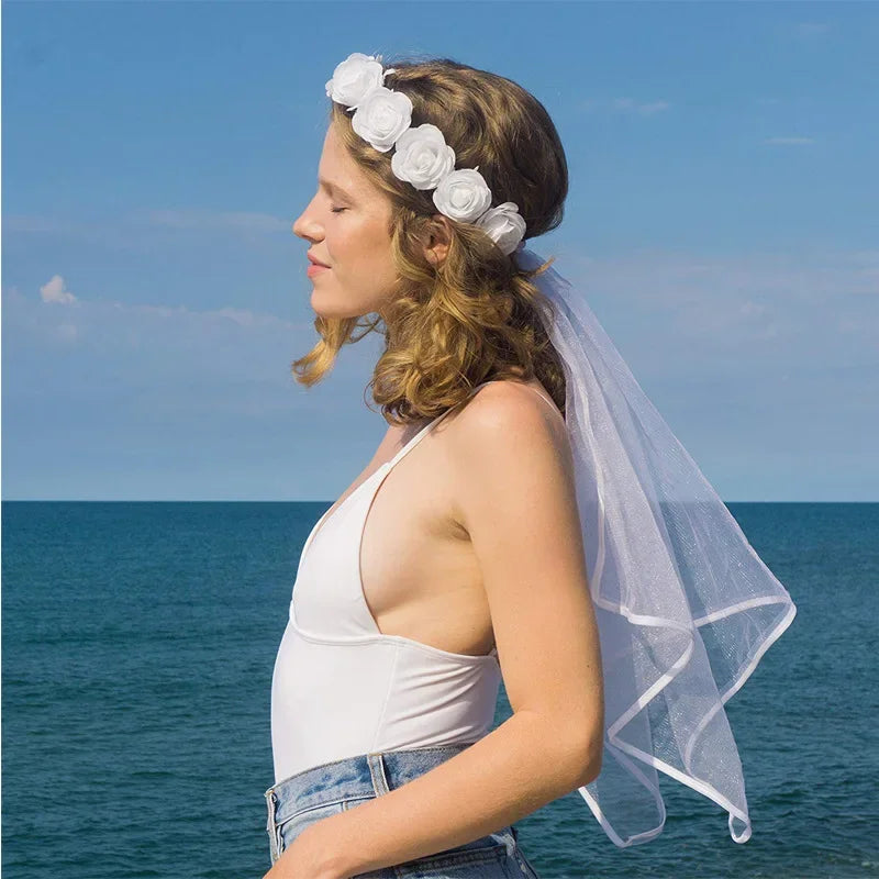White Rose Flower Veil Headband – Bridal Shower Wreath Bridal Flower Headband Babs
