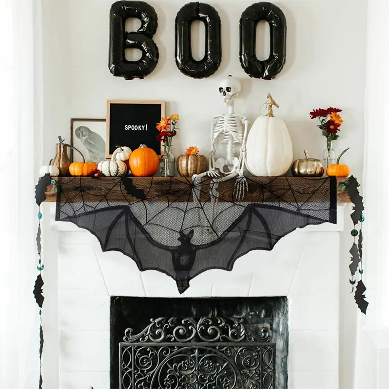 Halloween Bat Spider Web Lace Table Runner & Fireplace Curtain Halloween Table Runner Babs