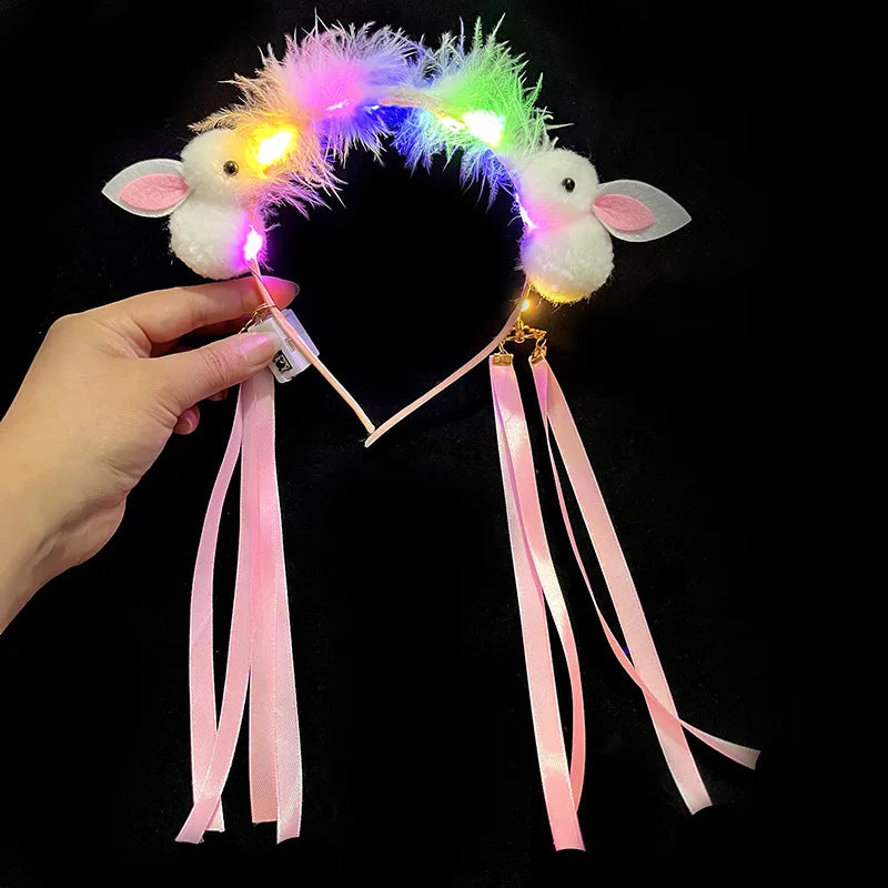 LED Light-Up Rabbit Headband | Feather Tassel Party Accessory LED Party Headband Babs white