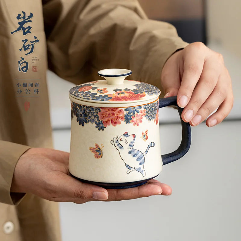 Cat Pattern Ceramic Mug with Lid | Chinese Style Teacup Ceramic Tea Mug Babs