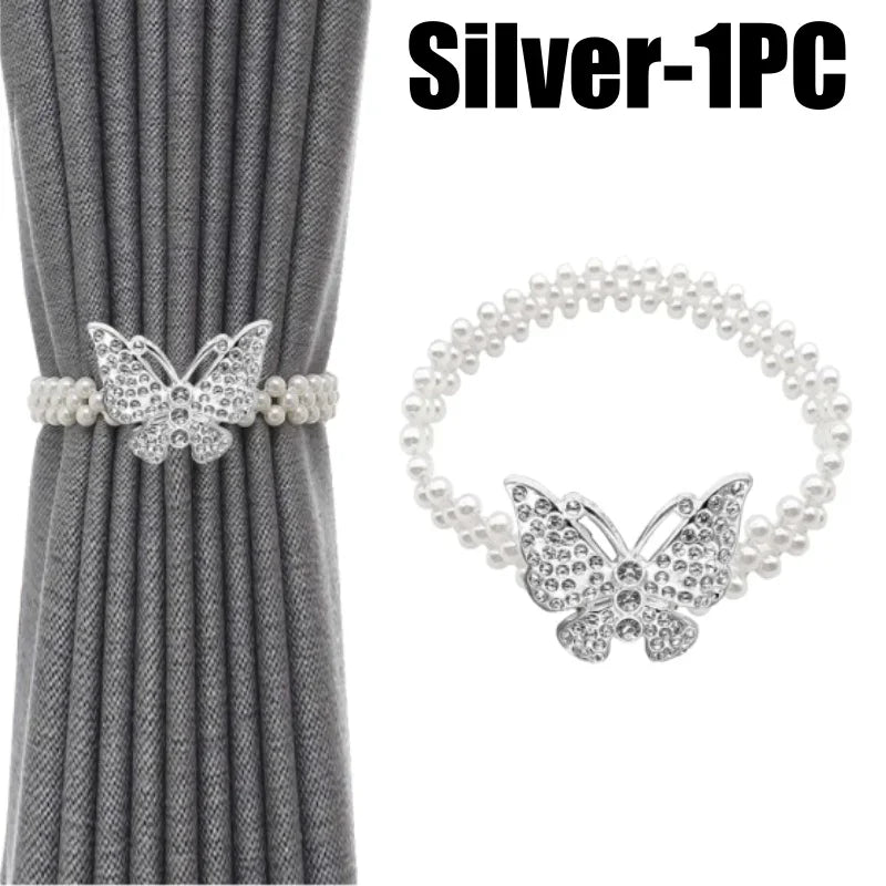 Bohemian Pearl Butterfly Curtain Tie Backs – Elastic Bow Clips Curtain Tie Backs Babs Silver-1PC