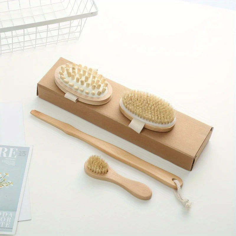 Natural Bristle Body Brush Set – 3-Piece Home Spa Kit Body Brush Set Babs