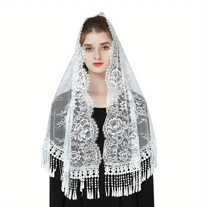 Lace Mantilla Veil for Church – Ivory & Black D-Shape Head Cover Lace Mantilla Veil Babs