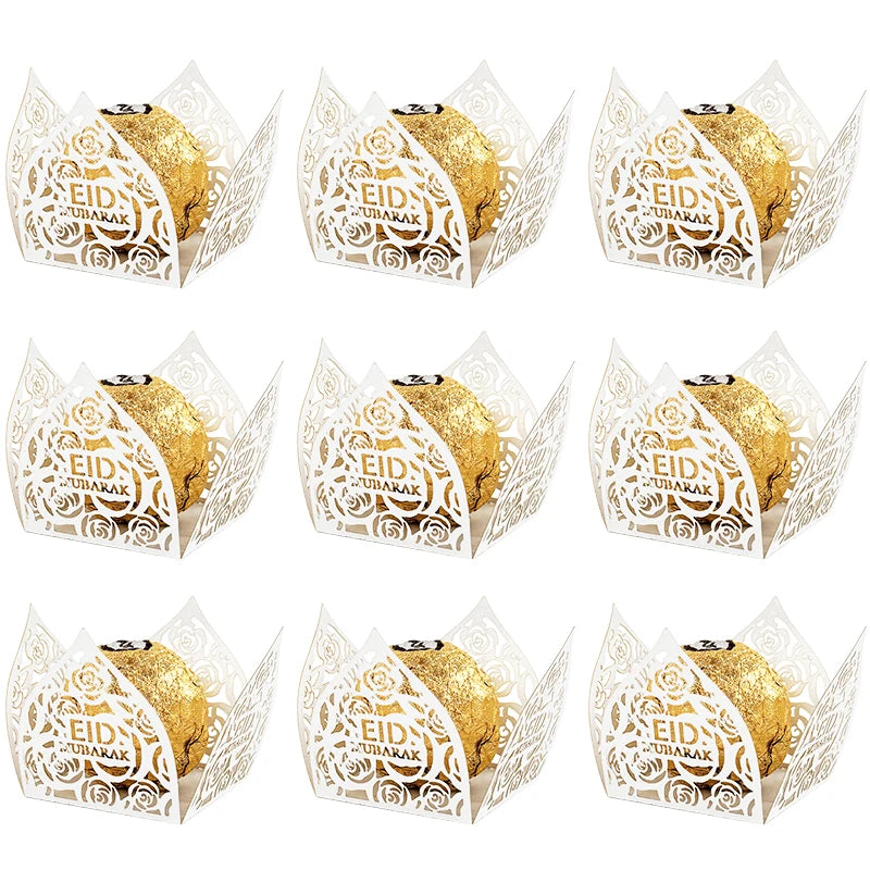 Eid Mubarak Chocolate Wrappers & Mini Baking Cups 10-50Pcs Party Treat Packaging Babs white 30pcs