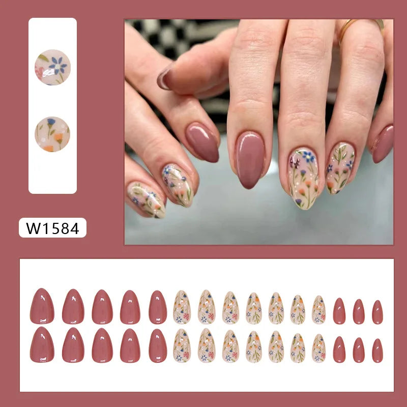 24pcs Floral Short Almond Press-On Nails – Detachable Leaf Design Press-On Nails Babs