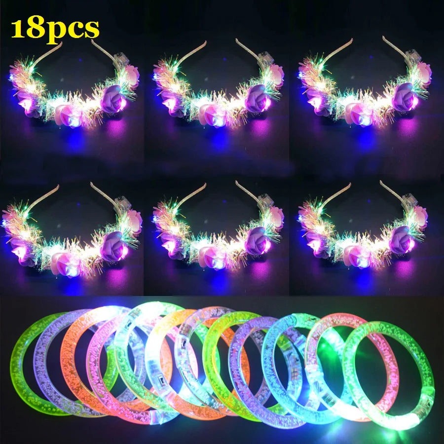 18pcs LED Flower Hair Wreath & Glow Bracelet Party Set LED Party Accessories Babs