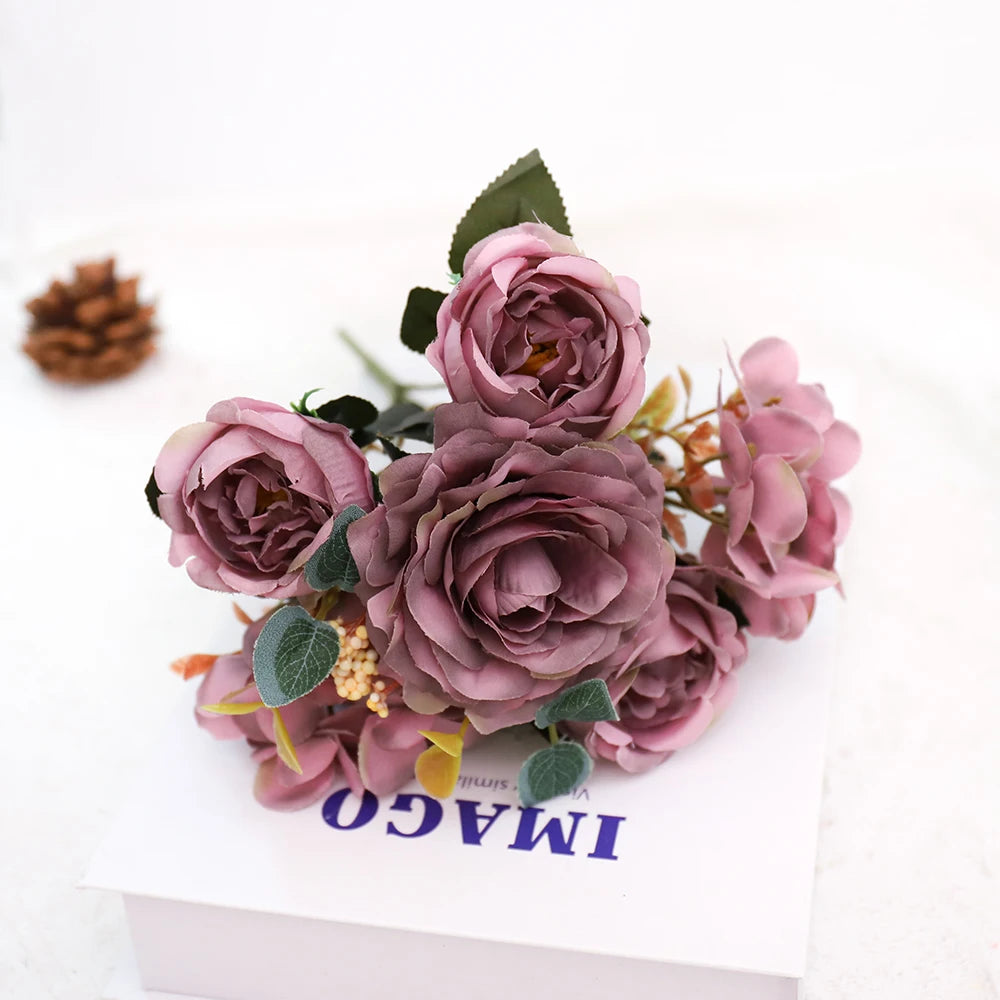 Artificial Silk Peony Rose Bouquet – Fake Flowers for Home & Wedding Artificial Flower Bouquet Babs Purple