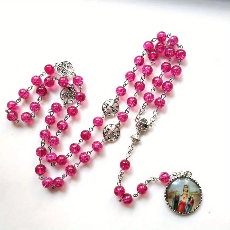 Vintage Virgin Mary Rosary Necklace – Catholic Cross Pendant Religious Rosary Necklace Babs 1pc
