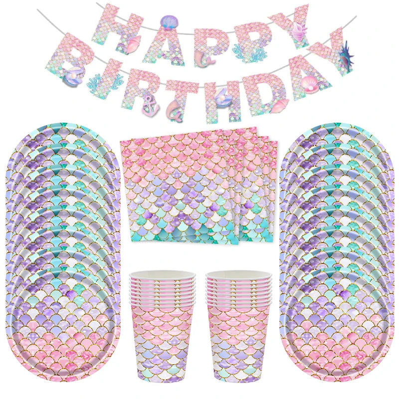 Mermaid Party Tableware Set – Plates, Cups, Napkins & Tablecloth Party Tableware Set Babs