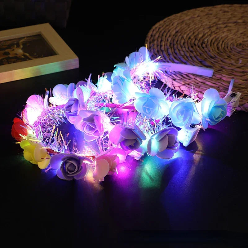 10pcs Light-Up Flower Crown Headbands – Glowing Party Wreath LED Party Headband Babs