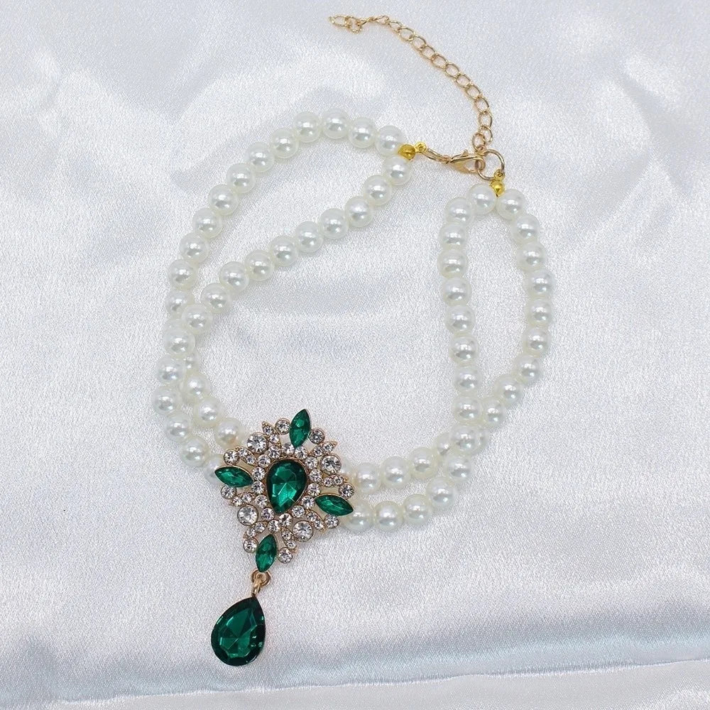 Double Layer Pearl Crystal Cat Necklace – Adjustable Collar Pet Collar Necklace Babs Green L