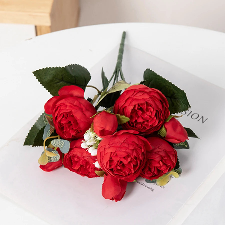 Silk Peony Bouquet – Artificial Flowers for Home & Wedding Artificial Flower Bouquet Babs Red 1pc