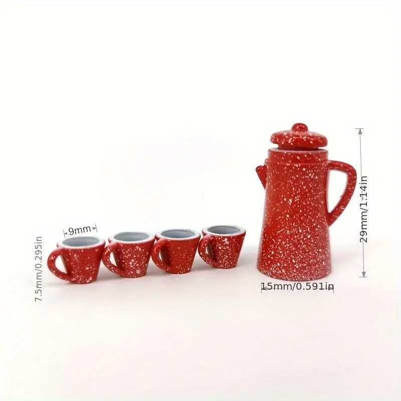 5-Piece Miniature Tea Set – Red Ceramic Kettle & Cups Decor Miniature Collectible Set Babs