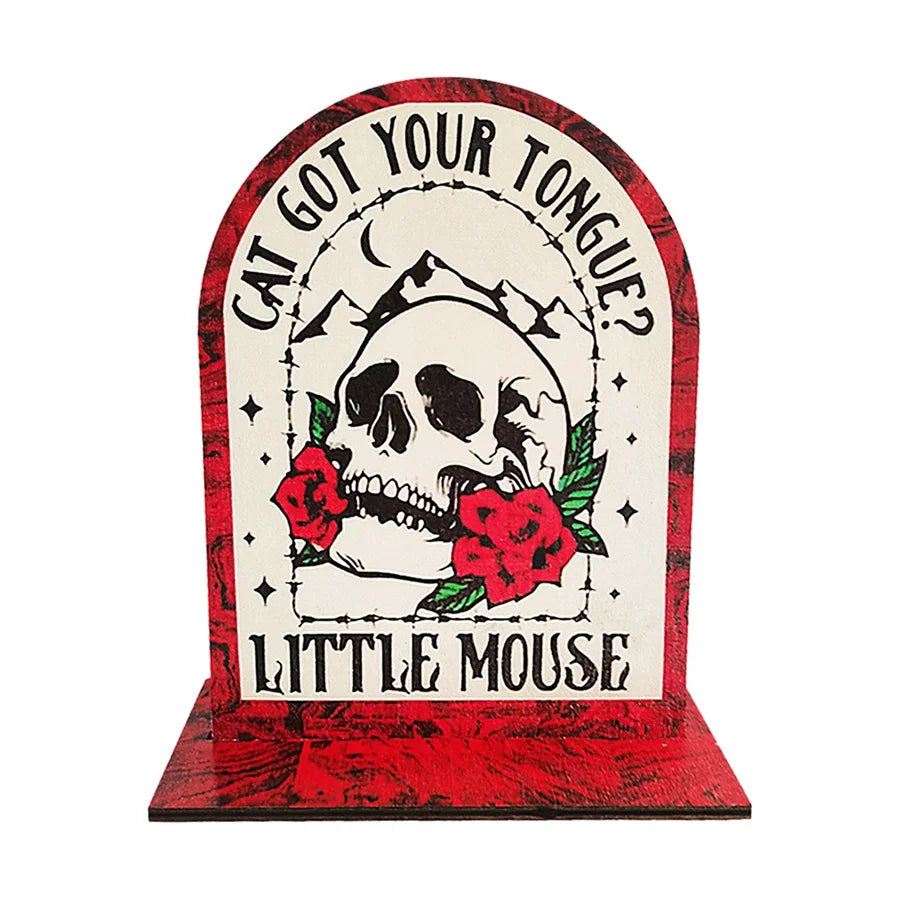 Retro Wooden Skull & Rose Desktop Ornament | Party Decor Gift Decorative Figurine Babs red